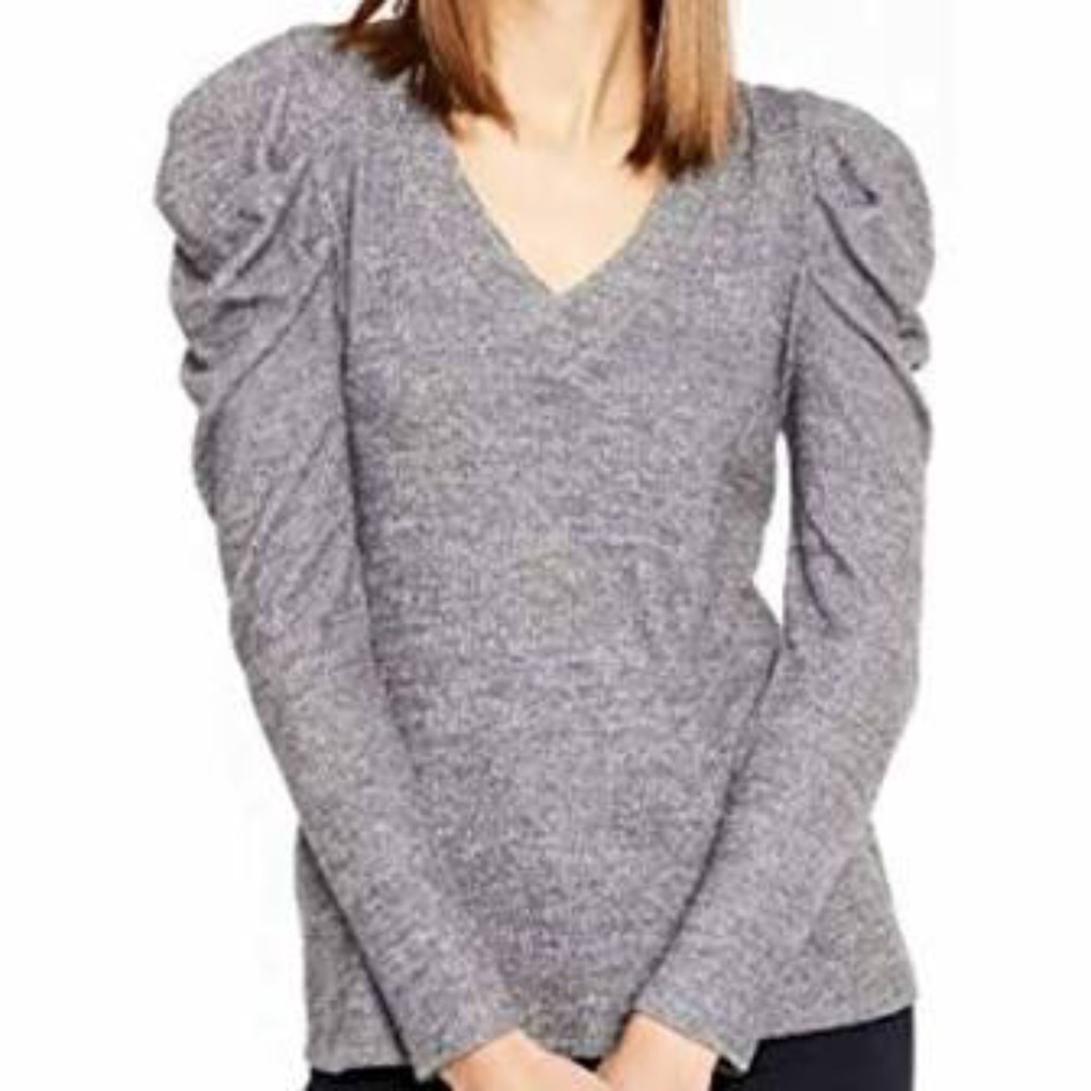Women's Gray V-Neck Puff Sleeve Top